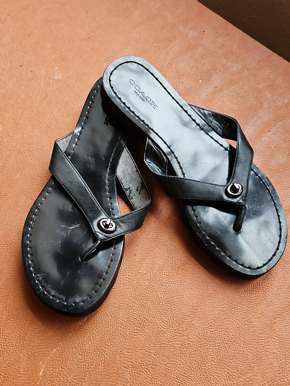 Coach Shelly Black Leather Thong Sandals,  Size 7.5